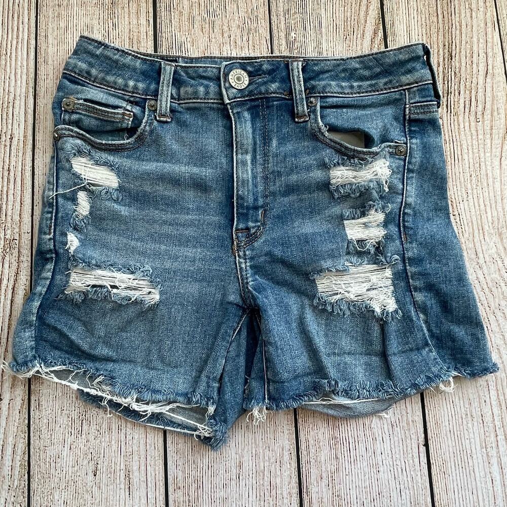 American Eagle Hi-Rise Shortie Denim Shorts Women’s Size 4 Distressed